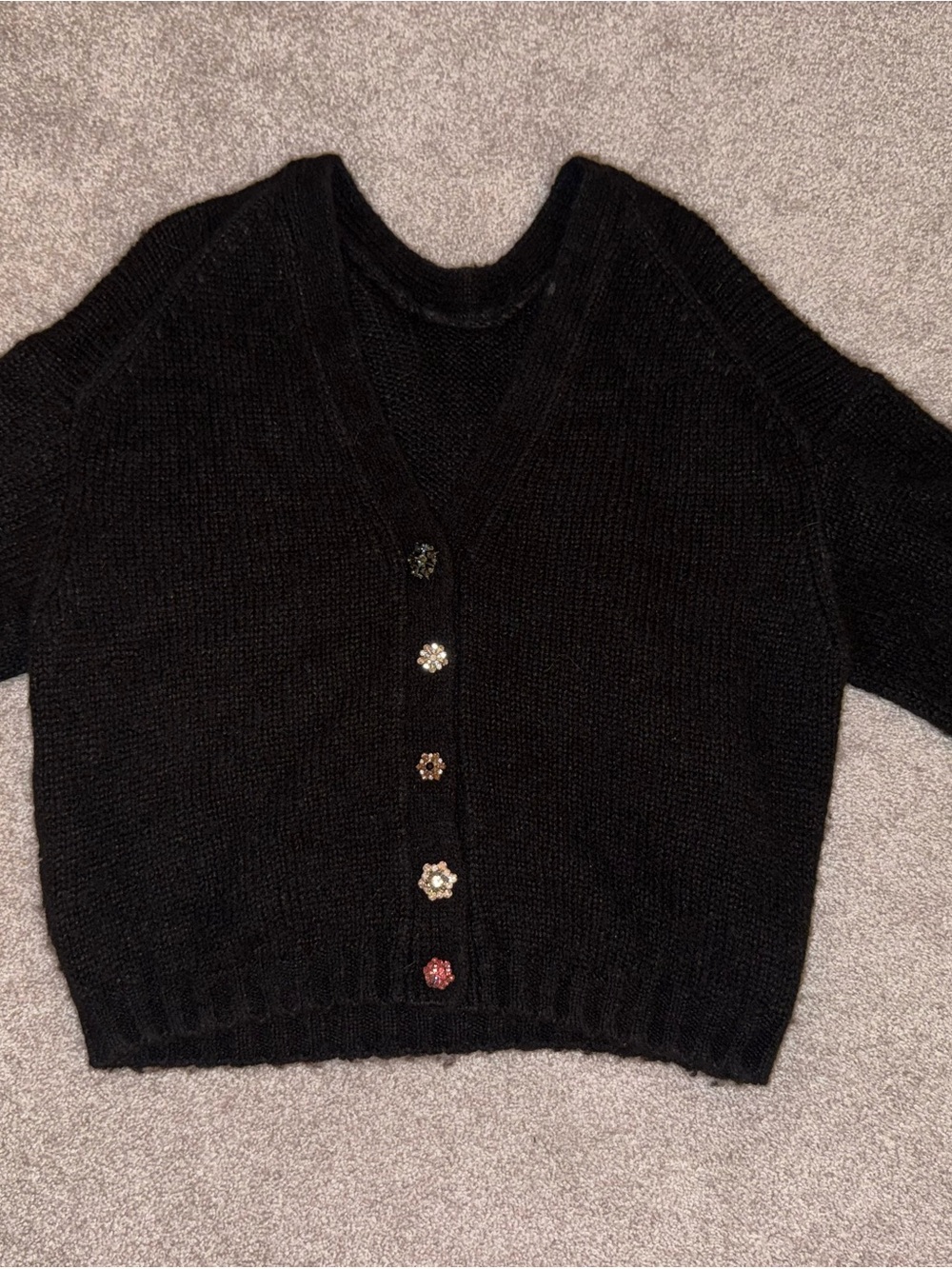 ba&sh Black V-Neck Cardigan with Floral Gem Buttons